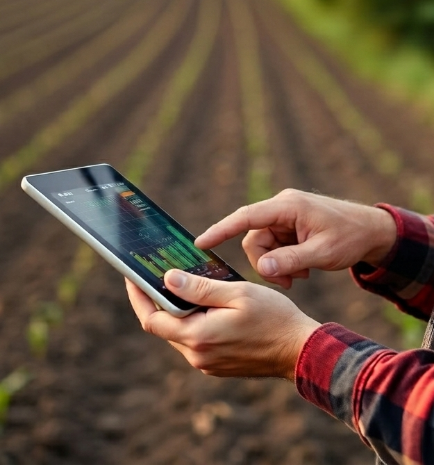 Agricoltore che usa N Farm su tablet in campo